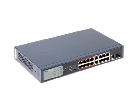 DS-3E0318P-E/M(C) 18-Port Unmanaged PoE Switch 16×10/100Mbps PoE Ports + 2×Gigabit Uplink, IEEE 802.3af/at PoE+, 130W PoE Budget, 300m Long-Range PoE, 6kV Surge Protection, Metal Housing, CCTV & IP Camera Network Switch Blue (Refurbished)