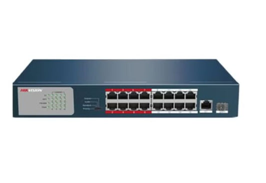 DS-3E0318P-E/M(C) 18-Port Unmanaged PoE Switch 16×10/100Mbps PoE Ports + 2×Gigabit Uplink, IEEE 802.3af/at PoE+, 130W PoE Budget, 300m Long-Range PoE, 6kV Surge Protection, Metal Housing, CCTV & IP Camera Network Switch Blue  (Refurbished)