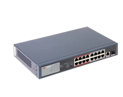 DS-3E0318P-E/M(C) 18-Port Unmanaged PoE Switch 16×10/100Mbps PoE Ports + 2×Gigabit Uplink, IEEE 802.3af/at PoE+, 130W PoE Budget, 300m Long-Range PoE, 6kV Surge Protection, Metal Housing, CCTV & IP Camera Network Switch Blue  (Refurbished)